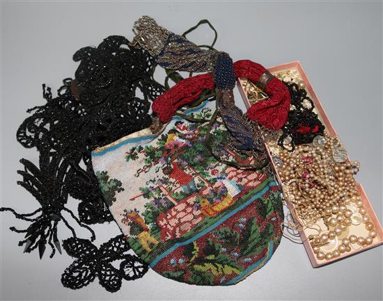 A Victorian beadwork purse and two misers purses